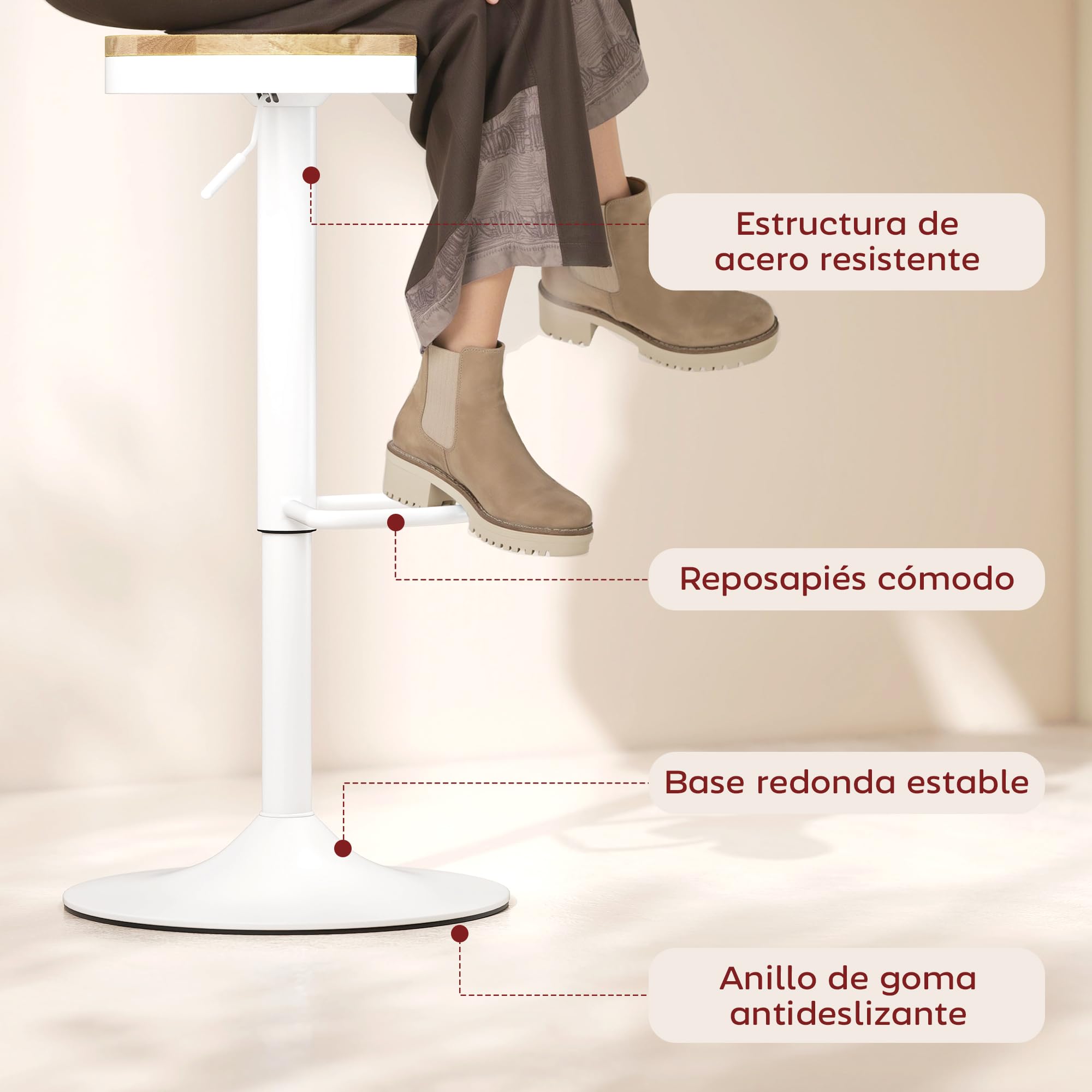 HOMCOM Juego de 2 Taburetes de Bar Giratorios Taburetes Altos de Cocina con Altura Ajustable 60-80 cm Asiento de Madera Marco de Acero y Reposapiés para Comedor Mostrador Natural y Blanco