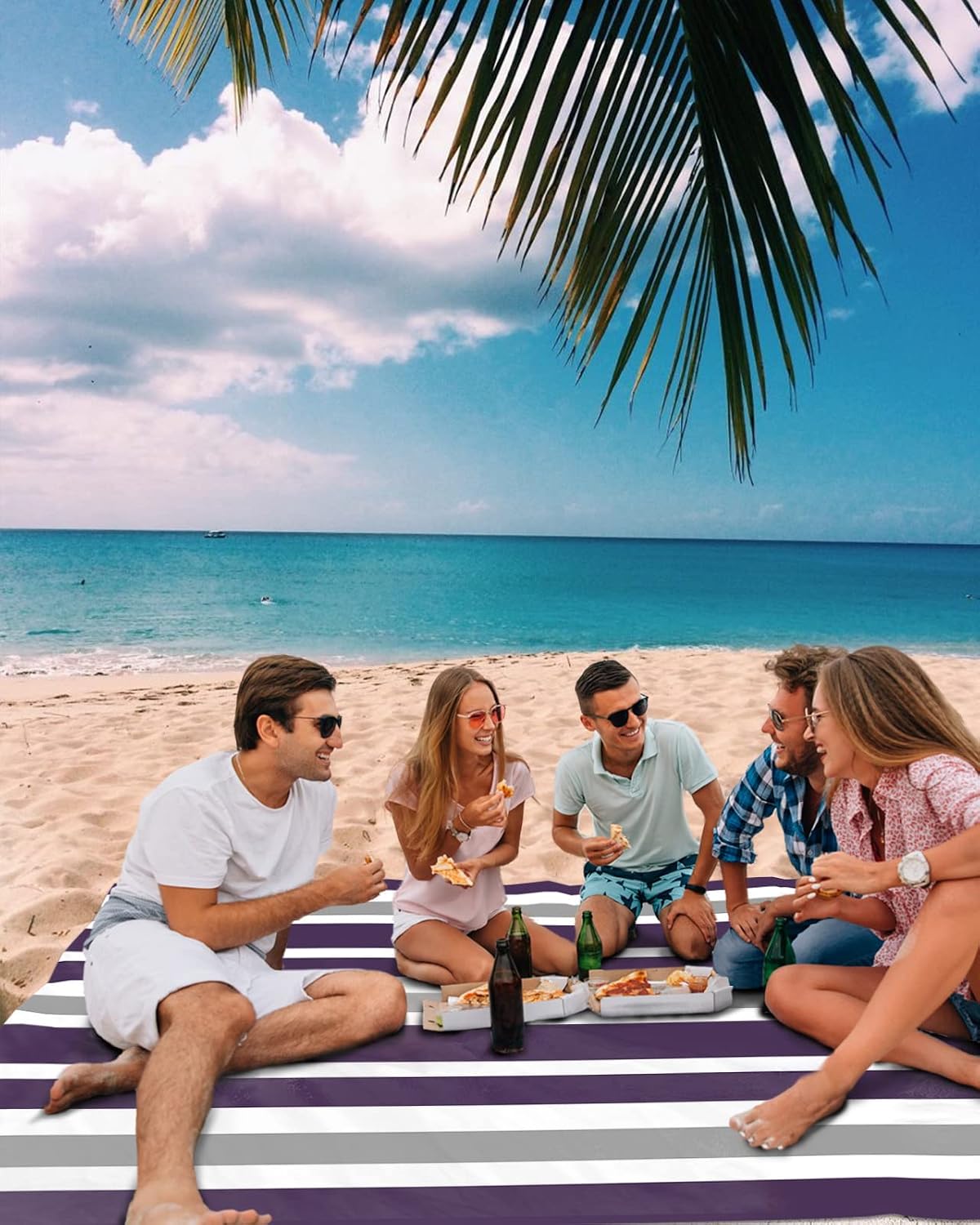 Classic Stripes Beach Blanket Waterproof Sandproof Outdoor Picnic Mat 95"x80" Purple White and Grey Lightweight Large Beaach Blankets with 4 Stake & 4 Corner Pockets