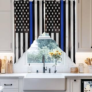 Swag Valance Curtain Tier Pair, Independence Day USA Flag Blue White Thin Rod Pocket Kitchen Valances for Small Window, Law Enforcement Flags Short Swag Topper for Bedroom Living Room 28x36in