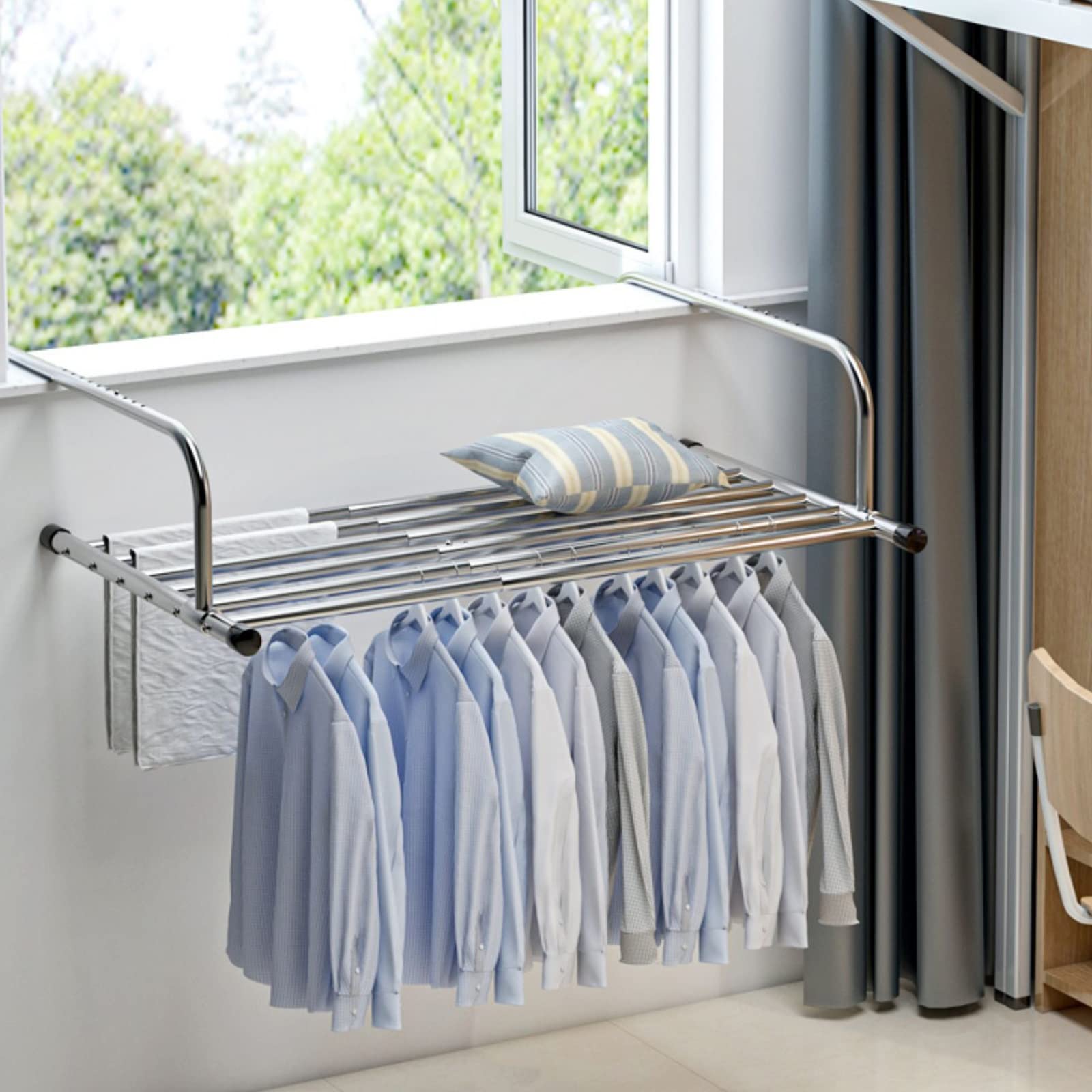 Heizkörper-Wäscheständer, Balkon-Wäscheständer, Wäschestangen, Handtuchtrockner mit verstellbarer Länge, Kleiderbügel, Wäschetrockner aus Stahl, zusammenklappbarer, einziehbarer Wäscheständer 61-107 c