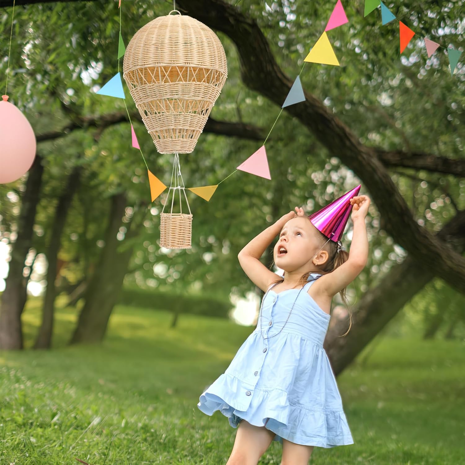 Woven Rattan Hot Air Balloon Decor, Beige Hanging Nursery Ornament,Chic Kids Room Wall Adornment