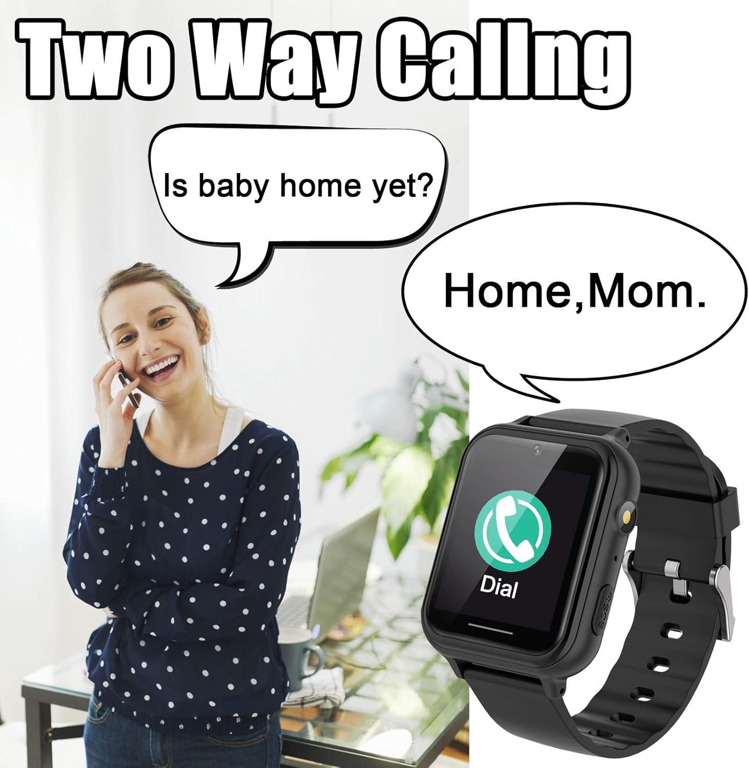 Woman talking on a phone with a PTHTECHUS Kids Smartwatch showing a 'Dial' icon.