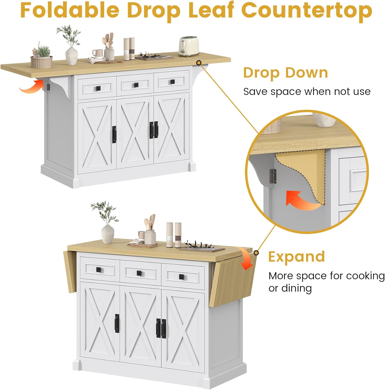 Bigbiglife 71.3" Large Kitchen Island with Drop Leaf, Power Outlet, Kitchen Island Cart w/ 3 Solid Drawers, Island Table with Trash Storage Cabinet & 3 Large Storage Rack, Spice Rack, White