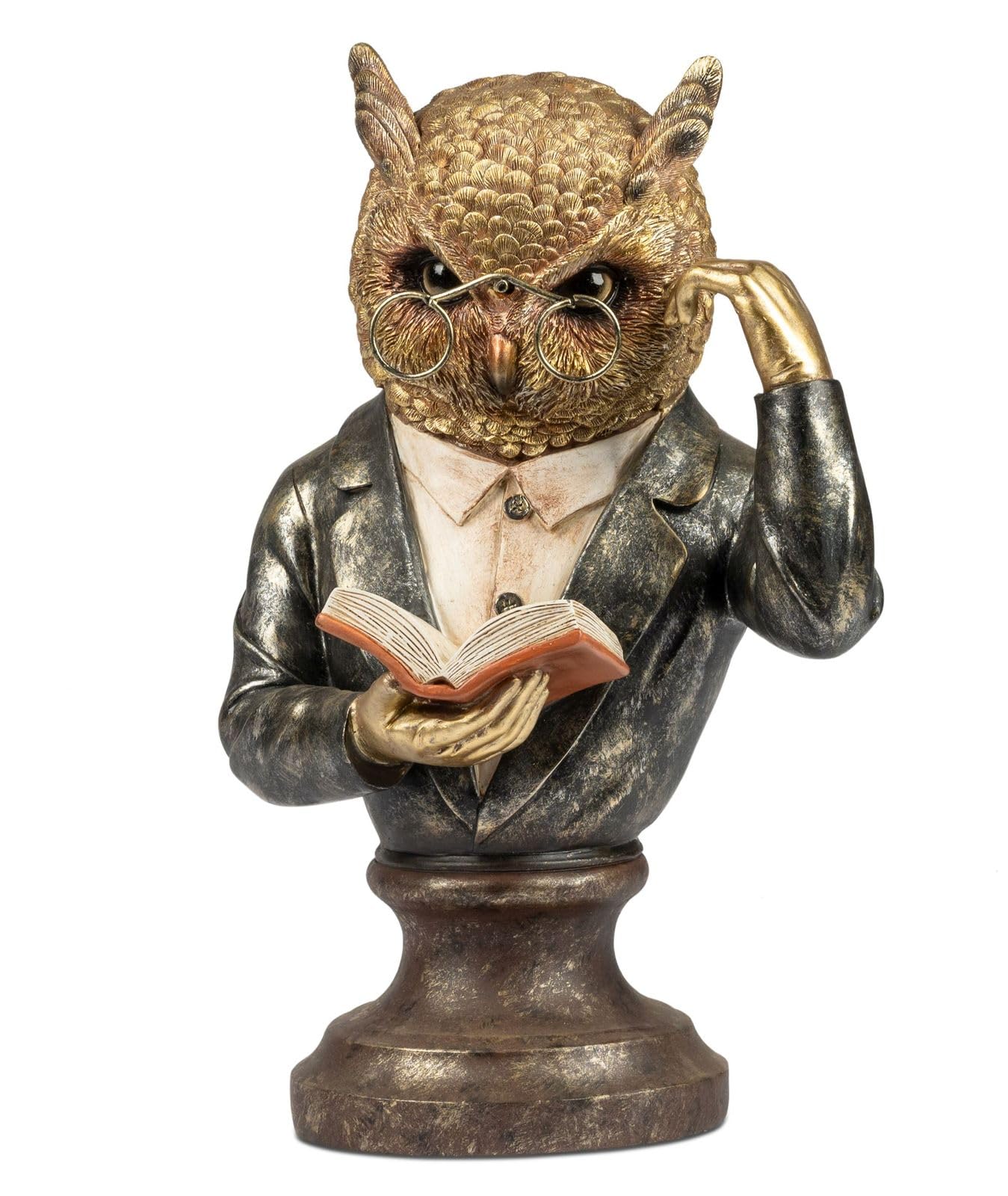 formano Figurka dekoracyjna sowa 36 cm, popiersie sowy z żywicy poliestrowej w stylu vintage – ręcznie malowana figurka dekoracyjna w garniturze z książką – elegancka figurka zwierzęca jako dekoracja
