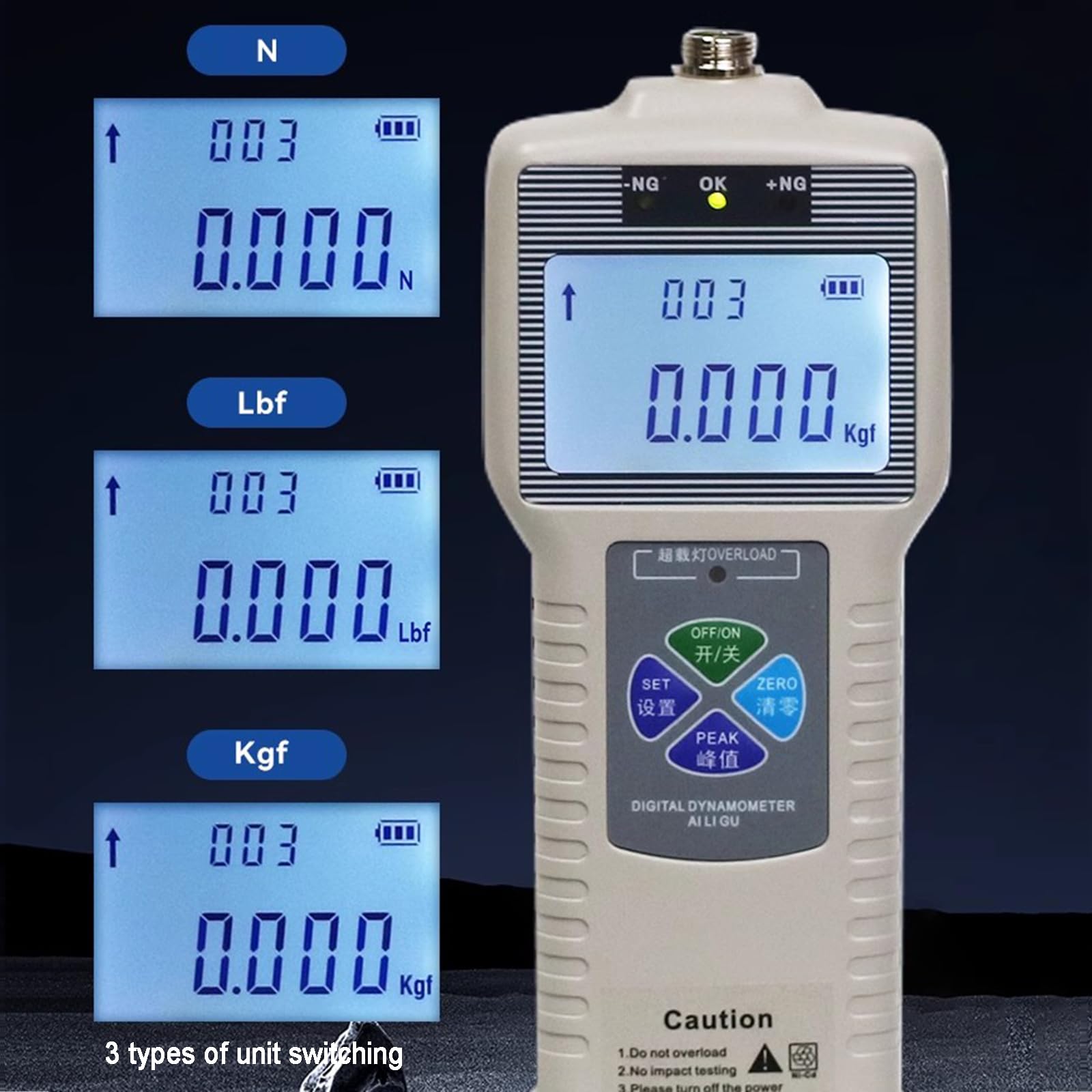 Dynamomètre numérique avec capteur Externe, dynamomètre de Traction-Compression, 3 unités de Mesure (N, kg, LB), avec Mode Temps réel/crête et Sortie de données (500N)