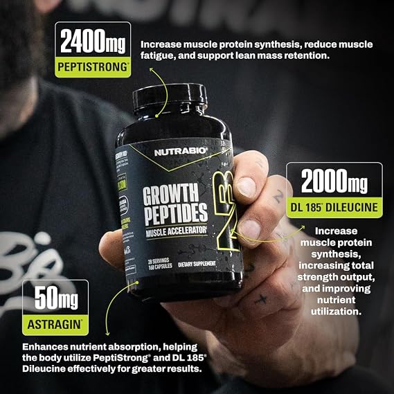 NutraBio Growth Peptides |Muscle Accelerator with DiLeucine & PeptiStrong | Peptides for Muscle Growth Men & Women- 28 Servings- 196 Capsules
