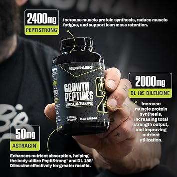 NutraBio Growth Peptides |Muscle Accelerator with DiLeucine & PeptiStrong | Peptides for Muscle Growth Men & Women- 28 Servings- 196 Capsules
