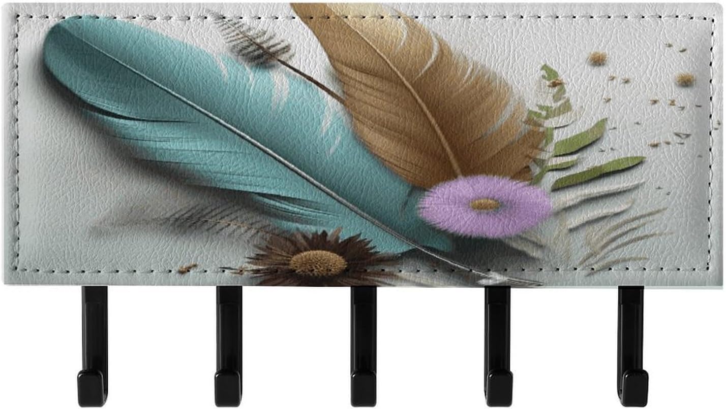 Key Holder Wall Mount Key Hanger with 5 Hooks, Decorative Key Rack | Feather Flower Hanging Key Hooks with Mail Organizer for Wall Living Room Kitchen Bathroom Hallway