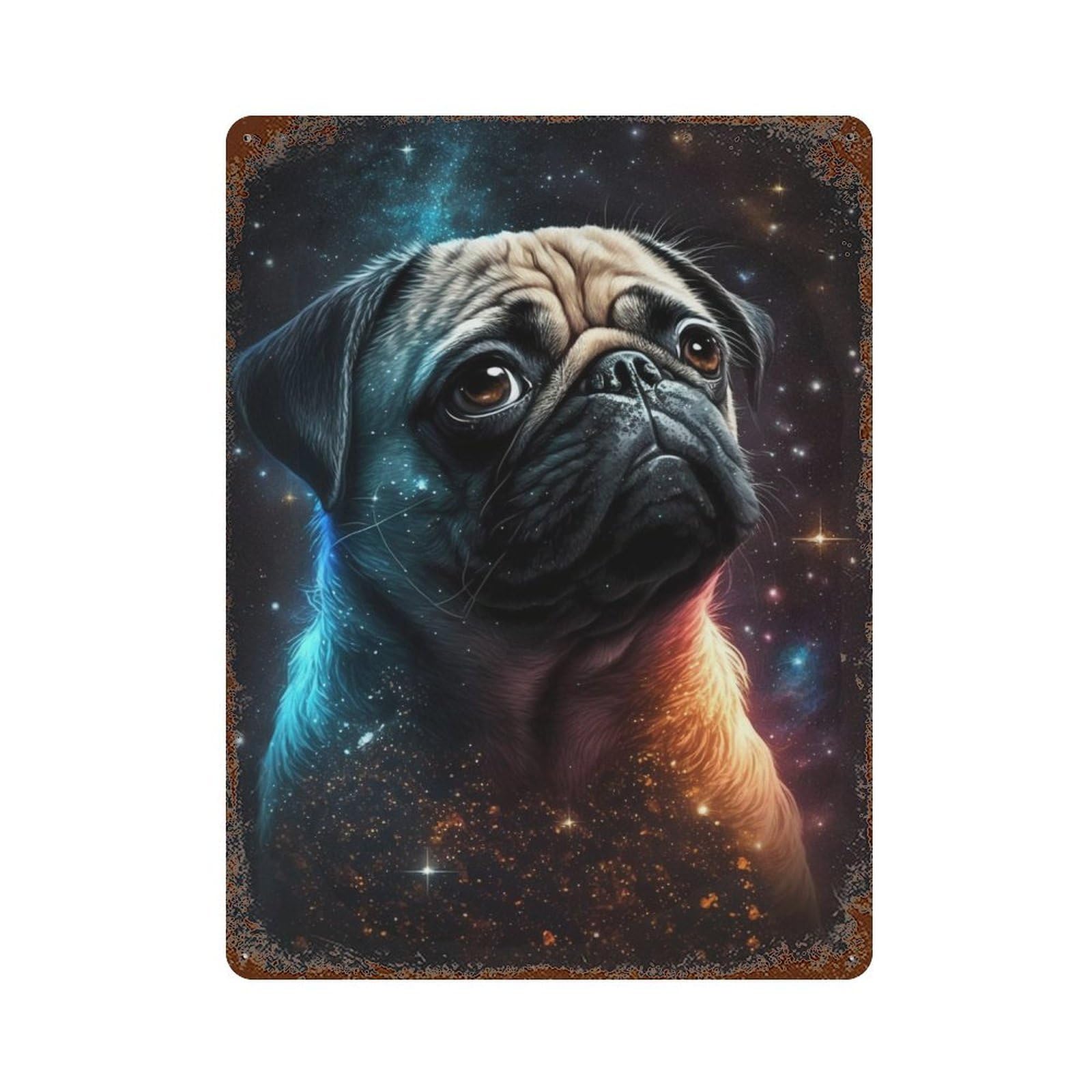 Weathered Tin Sign Cosmic Pug Portrait-3 15.7"x11.8", Rustic Home Decor for Bistro, Counter And Cafe Decor