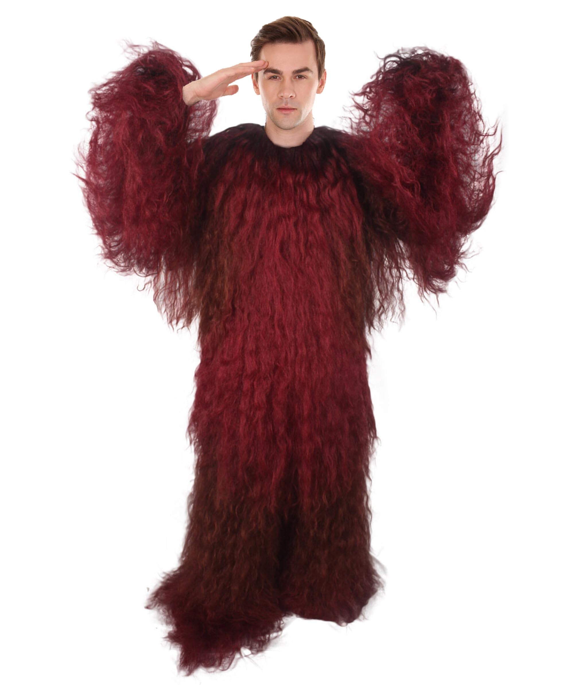 HPO Adult Unisex Long Hairy Warrior Ape Costume - Military Leader Fighter Vest & Pant | Halloween Yeti Gorilla Outfit, Burgundy - Medium