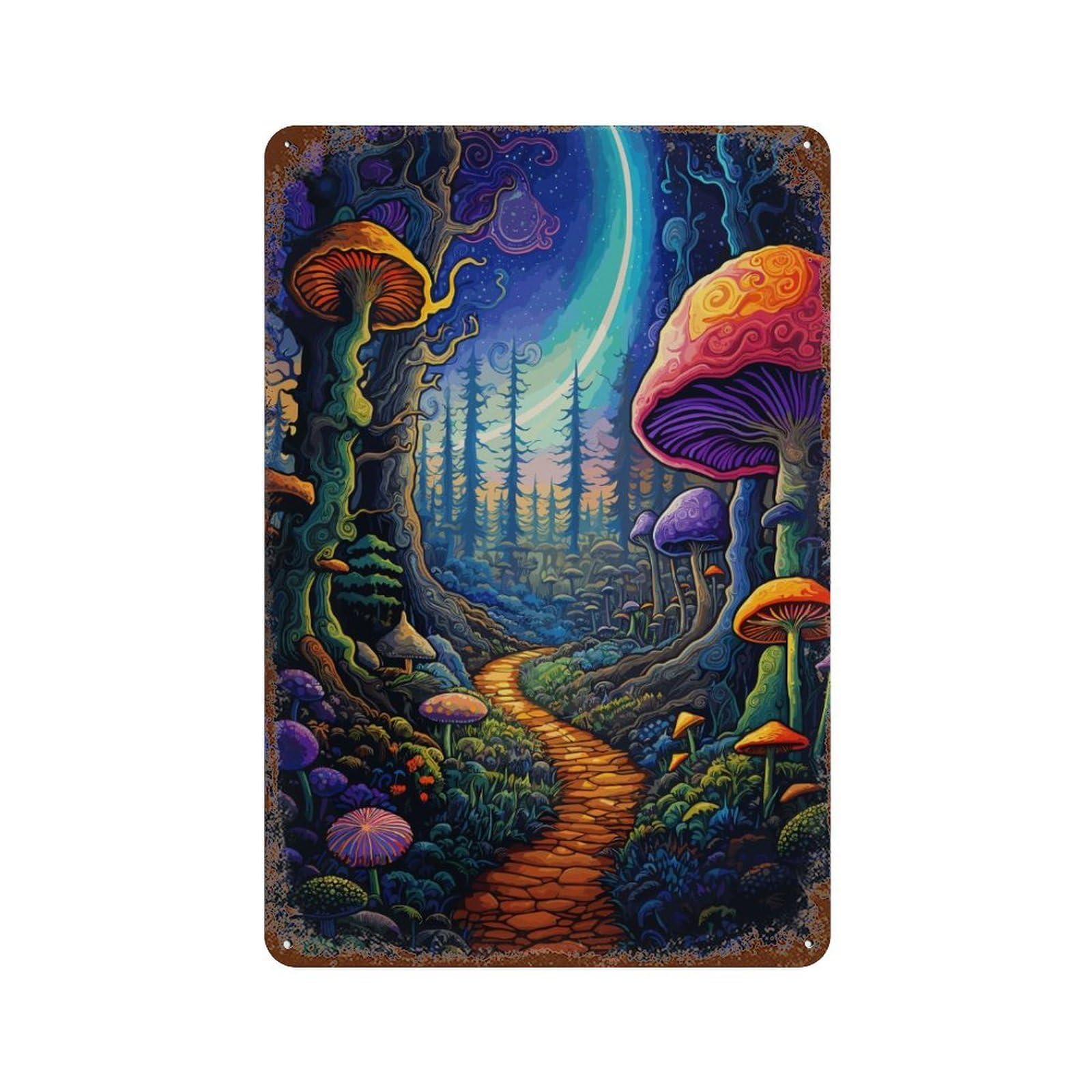 Poliuaws Psychedelic Forrest Shroom Tin Sign Vintage Metal Sign Retro Metal Poster For Game Rooms Flag Decorations Sign Plaques 11.8"X7.9"
