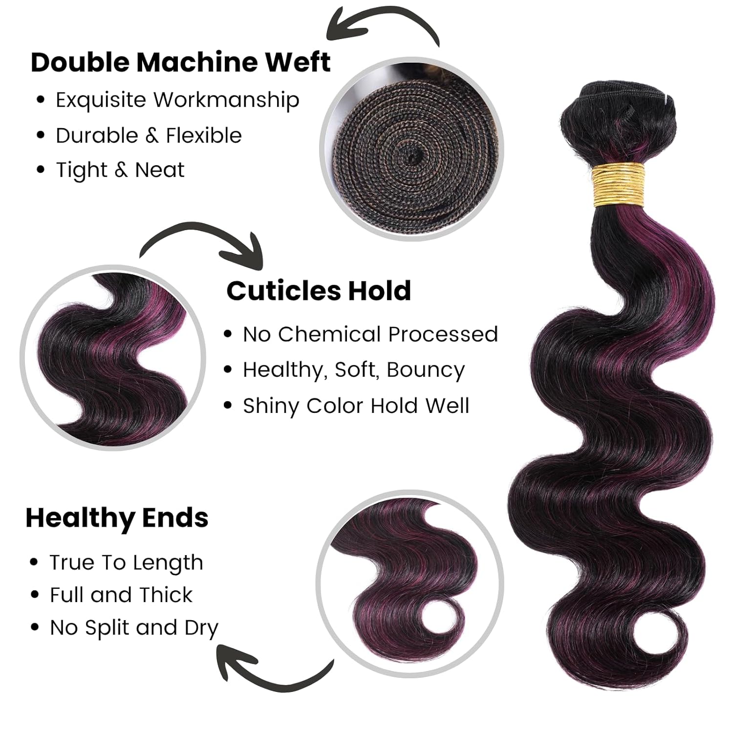 ALHER 1B/Purple Highlight Bundles with 2x6 Long Deep Part Closure 18 20 22+18 IN, Dark Purple Burgundy Ombre Colored Bundles with 2x6 Lace Closure, 12A 100% Unprocessed Virgin Remy Hair Soft Wavy Hair