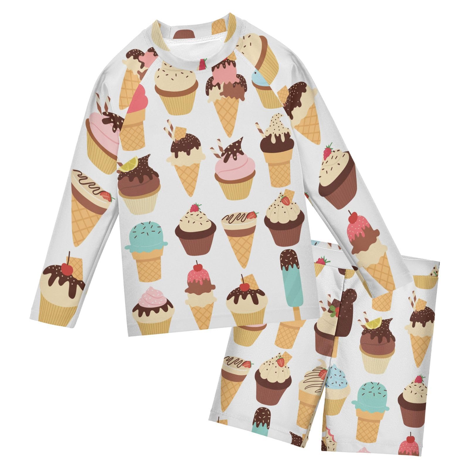 Aflyko Kids' Bathing Suit Set Icecream Cherry Cupcake Long Sleeve Swim Tops with Shorts Summer Vacation Pool Party Rashguard Fun Cute Infant Beachwear, 4T