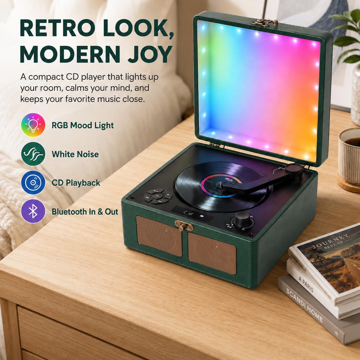 Retro CD Player, Bluetooth in/Out, White Noise & RGB Lights, Green image 2