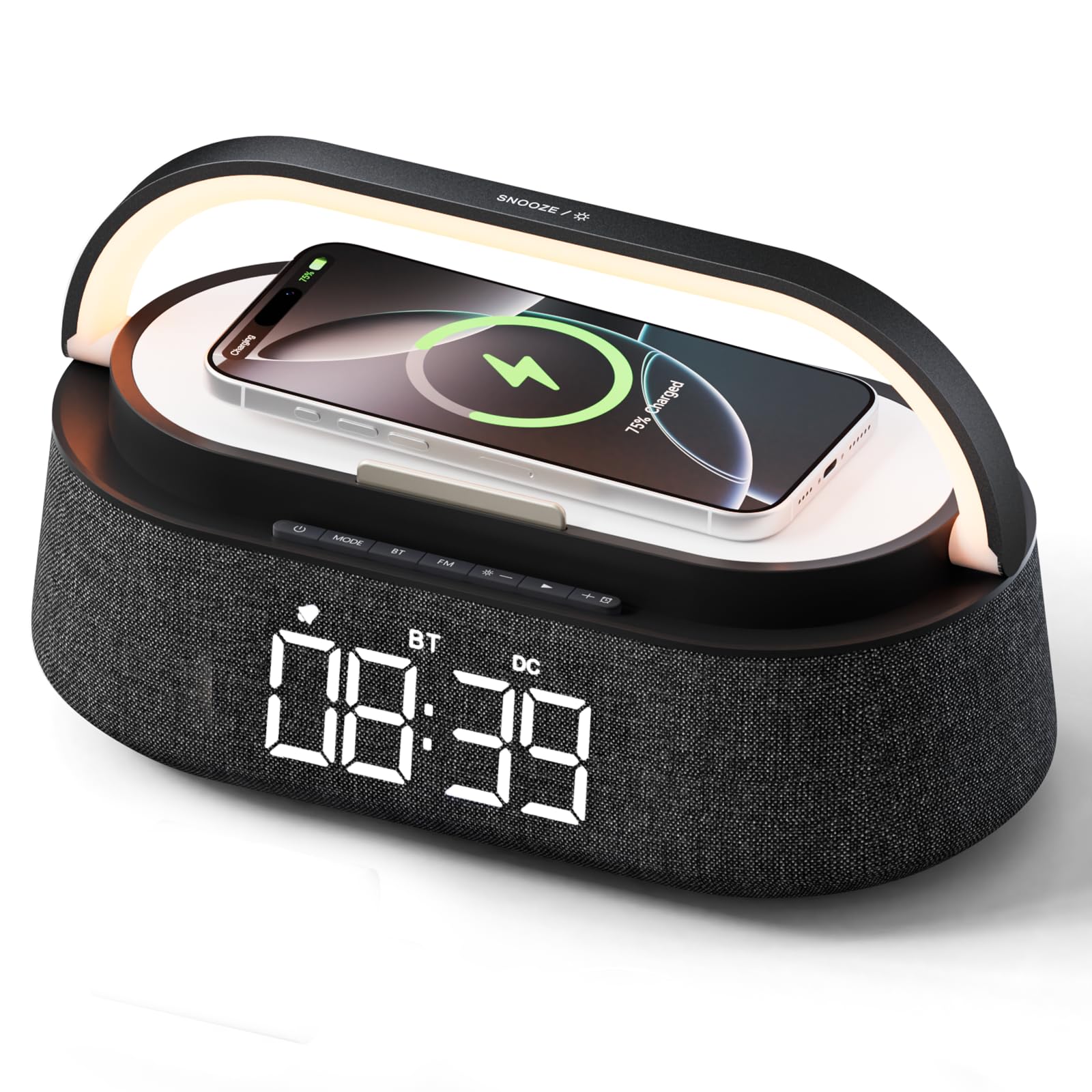 Bluetooth Speaker with Wireless Charger, Portable Radio for Bedroom | Adjustable LED Night Light for Bedside, 15W Wireless Charging for iPhone, 10W Dual Speakers, 2500 mAh Battery, Bluetooth 5.0