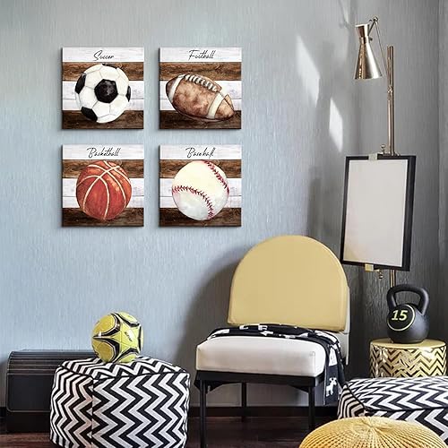 Miniatura 4 de Decoración de habitación de niños, arte de pared deportivo, fútbol, béisbol, baloncesto, lienzo, decoración deportiva para niños y niños, pintura