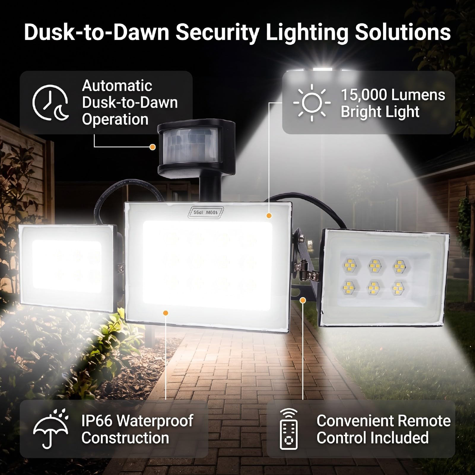 Fafeicy Czujnik Ruchu PIR Reflektor LED IP66 100W 15000LM | Oświetlenie Zewnętrzne od Zmierzchu do świtu z Pilotem do Kontroli Parkingu na Podwórku