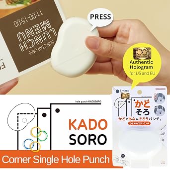 SUN-STAR Kadosoro Precision Single Hole Punch for Perfectly Aligned Corners Professional Finish Durable Compact Ideal for Laminates Cards Documents Crafts (Authentic Hologram for US and EU Only) White