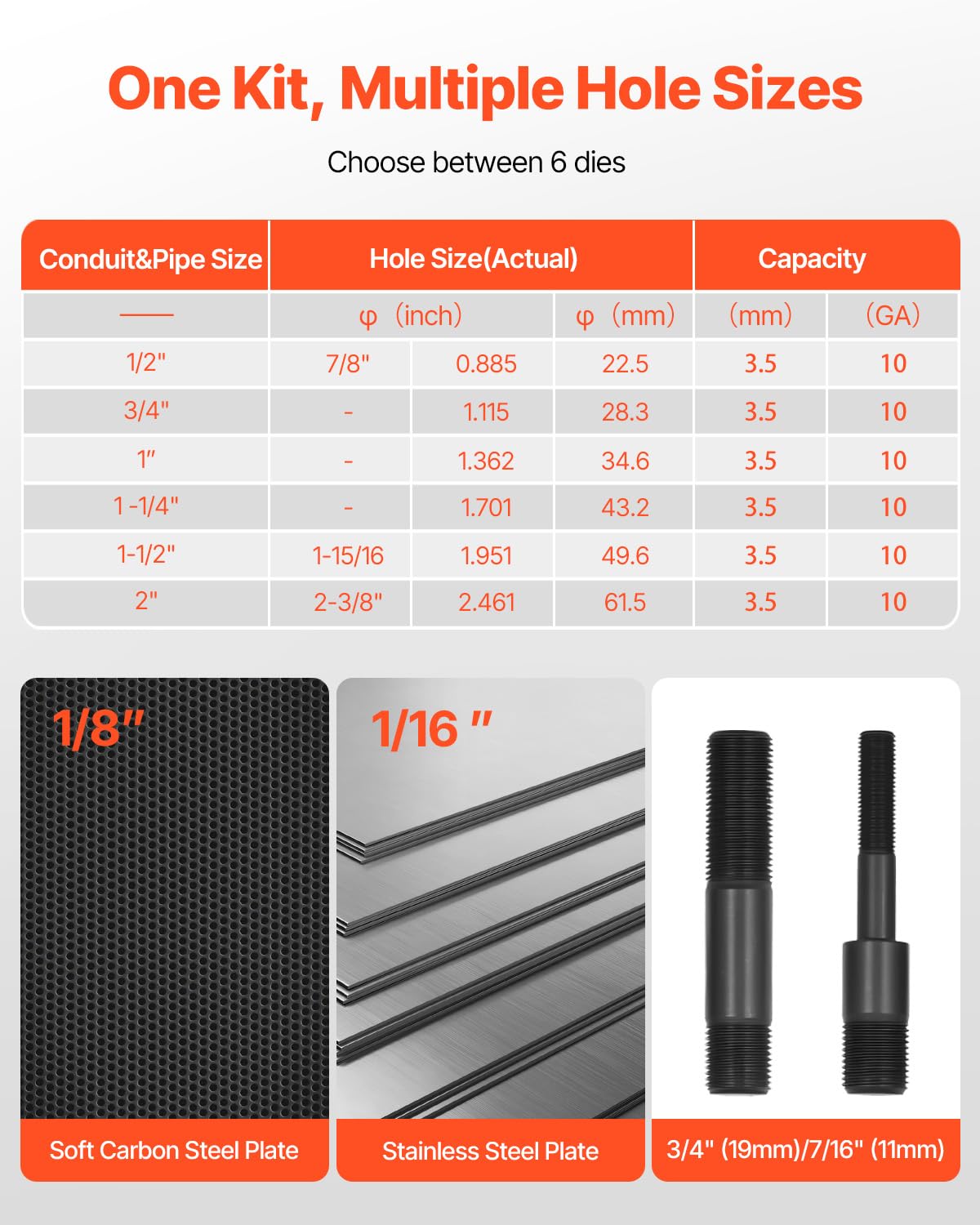 VEVOR Kit di Perforazione Manuale, Set di Punzoni Idraulici da 10 T Kit di Utensili KO per Realizzazione di Fori 1,27 a 5,08 cm con 6 Matrici per Armadi in Metallo, Controllo e Quadri Elettrici