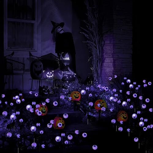 Miniatura 7 de Flumy Decoraciones de Halloween al aire libre, paquete de 2 luces solares de jardín, luces solares de hadas, 16 luces LED impermeables para