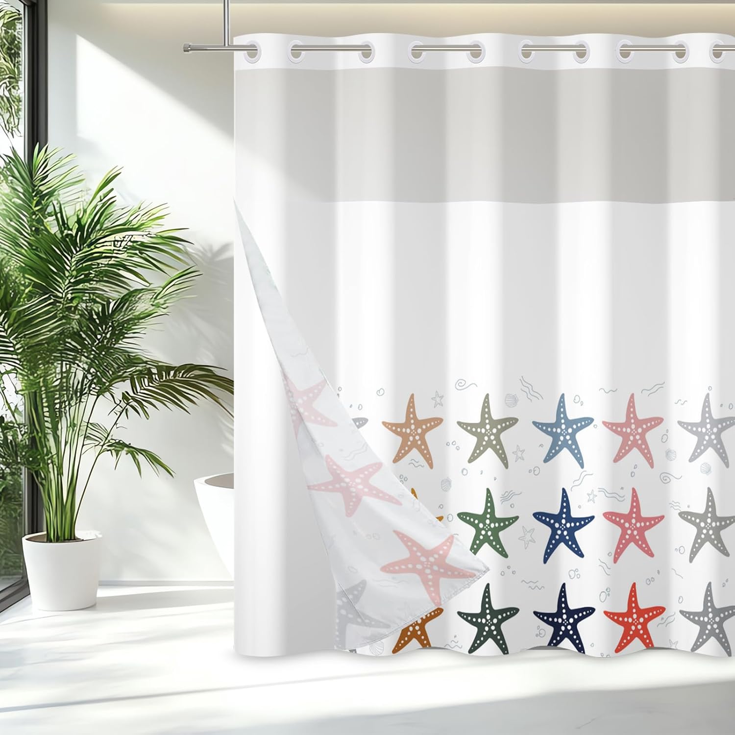 71x71 Inch Without Hook Starfish Shower Curtain and Liner Set Colorful Ripple Ocean Coastal Snap in Shower Curtains for Bathroom Watercolor Cute Beach Simple Bathroom Set