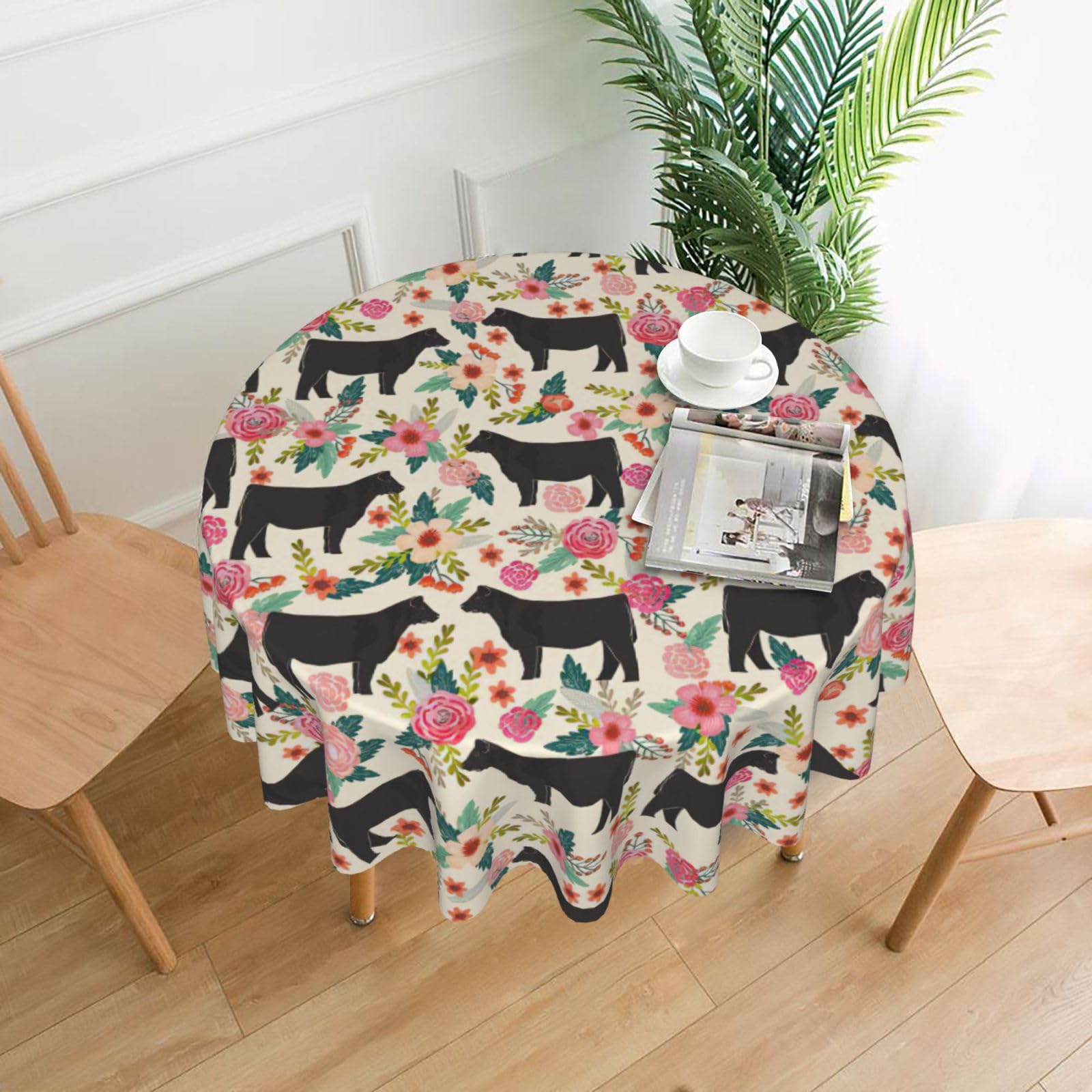 Zcmkjlg Pink Flower Show Steer Cows Cattle Print Quick Ship Round Tablecloth 60in Polyester Washable Cover for Dining Room