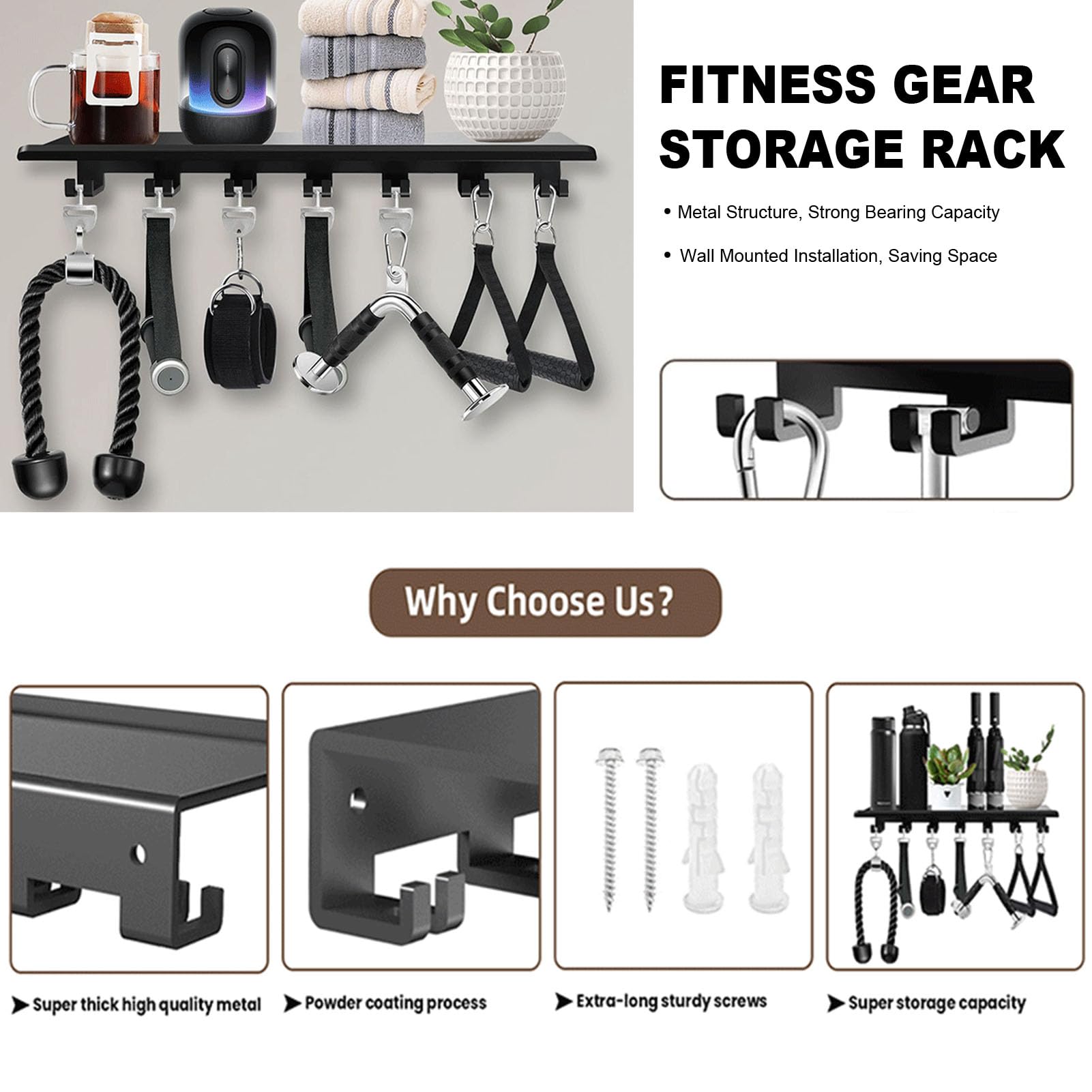 POENVFPO Scaffale per Palestra, Organizer per Attrezzi da Fitness Montato a Parete in Metallo Resistente con Ganci da 40 Libbre per Palestra Domestica e Uso Commerciale