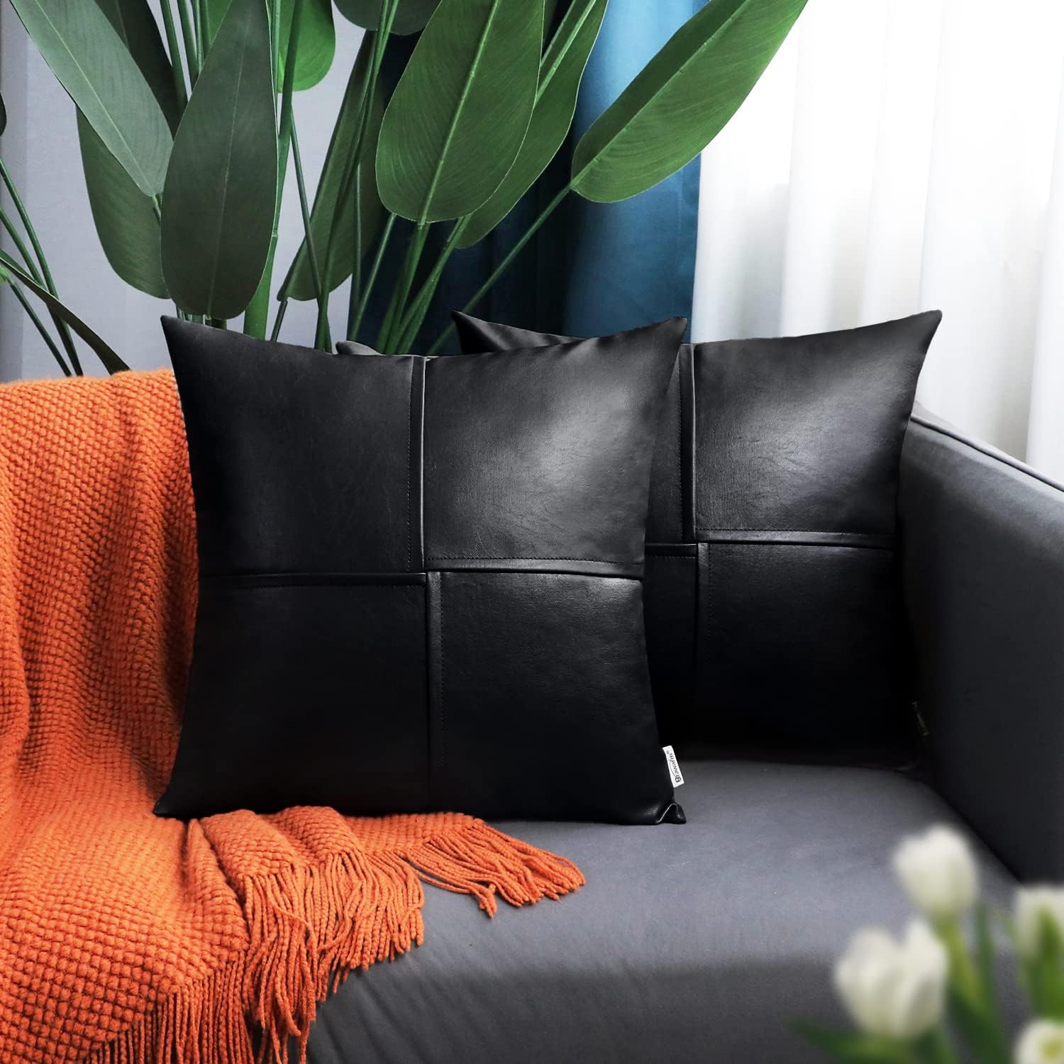 BRAWARM Faux Leather Throw Pillow Covers 22 X 22 Inches, Black Leather Pillow Covers Pack of 2, Hand Stitched Leather Decorative Throw Pillows for Couch Sofa Bed Living Room Home Garden