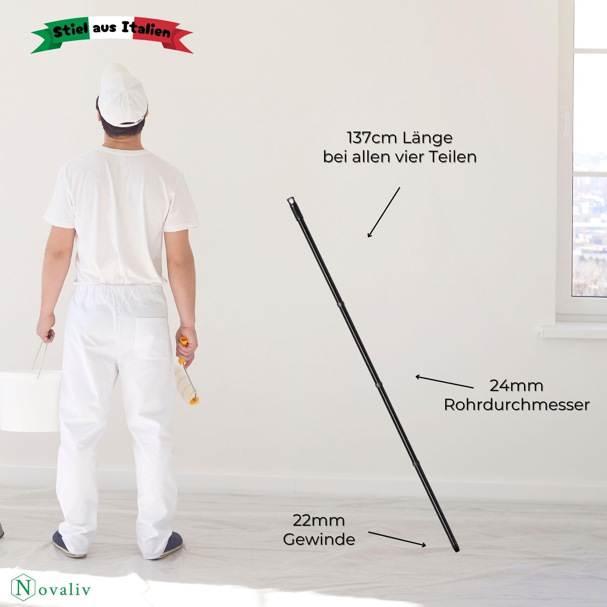 Novaliv 2x Vielseitiger Premium Schraub-Besenstiel 137 cm - 2,6 cm Stabil Langlebig Schwarz Verstellbar 137 cm auf 94,5 cm Perfekt für Kehren, Schrubben & Fensterputzen Hochwertige Metallkonstruktion