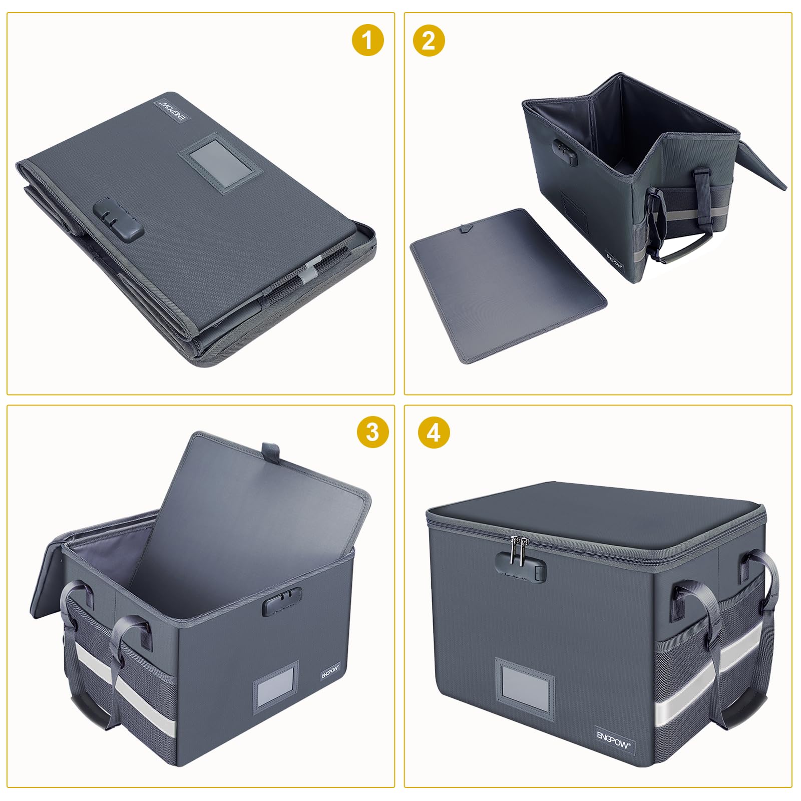 ENGPOW Scatola portadocumenti con serratura, ignifuga, con tasche, pieghevole, organizer con manico, portatile, per casa e ufficio, per appendere lettere e cartelle legali, confezione da 2 (grigio)