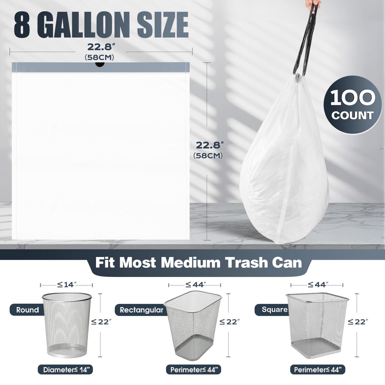 Drawstring 8 Gallon Trash Bags - 100 Count Pre-separated Medium Trash Bags 8 Gallon, Unscented White 8 Gal Garbage Bags