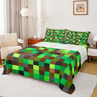 Castle Fairy Green Brown Blocks Bed Sheet Twin Size,Pixelated Grid Bedding Sets 3Pcs for Kids Girls Boys Teens Room Decor,Miners Gaming Fitted Sheets Build Sandbox Theme Top Flat Sheet,1 Pillowcase
