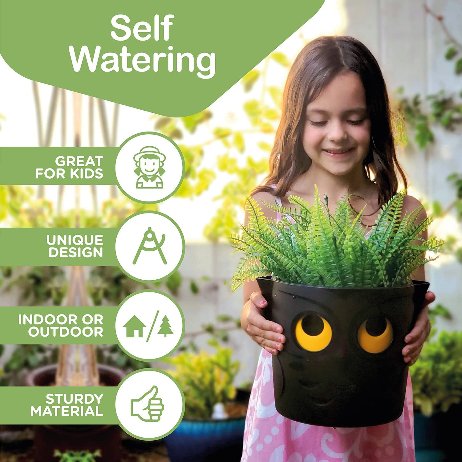 King's Gardening Clever Pot - Self Watering for Indoor Outdoor Use, Animated Eye Water Level Indicator, UV Resistant Planter, Ideal for Flowers, Succulents, African Violets, and More 8" (Black Owl)