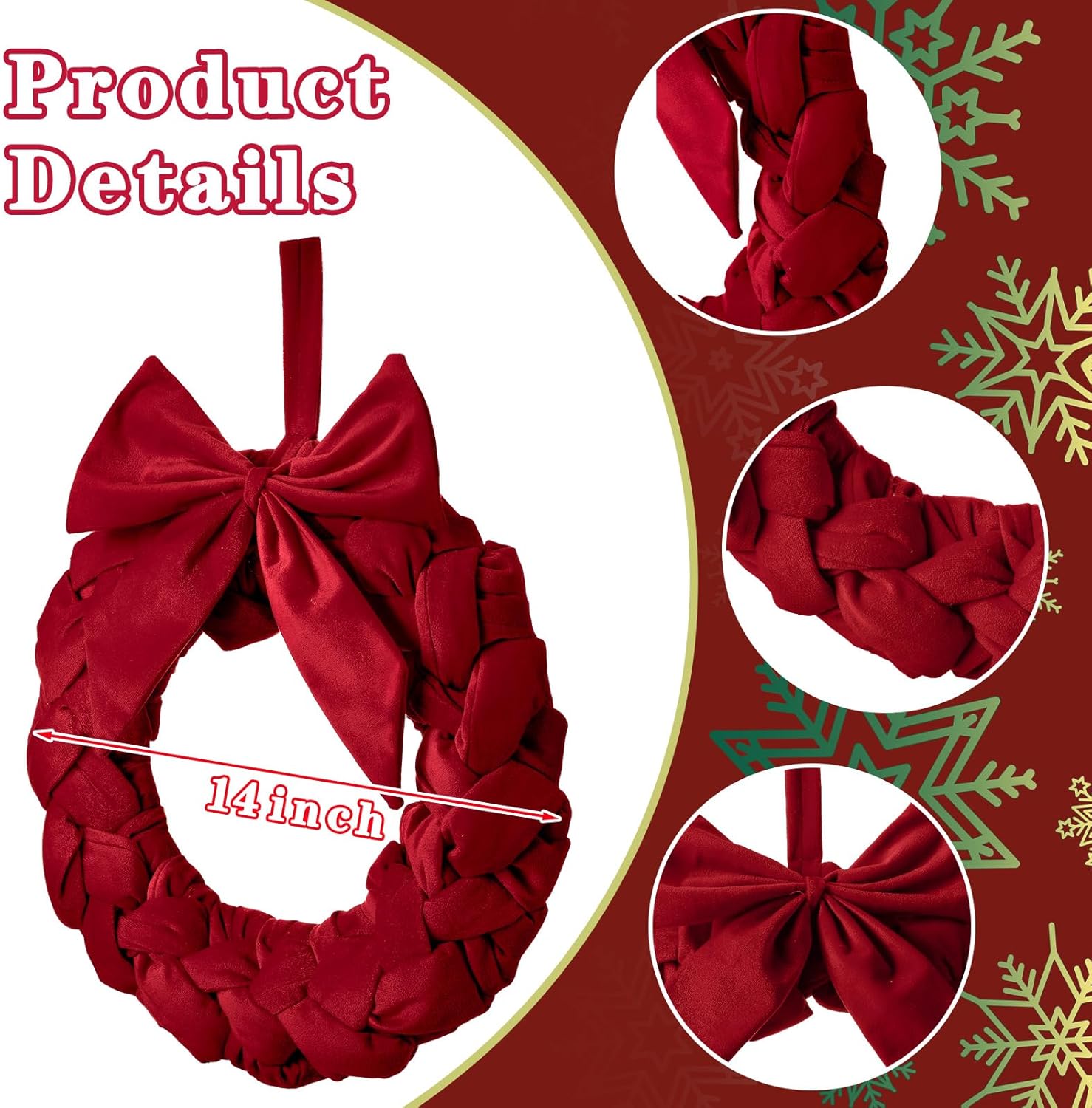 Barydat Christmas Velvet Wreath 14" Wreaths for Front Door Velvet Christmas Wreath Ornament with Bow for Party Table Fireplaces Porch Walls New Years Home Decor