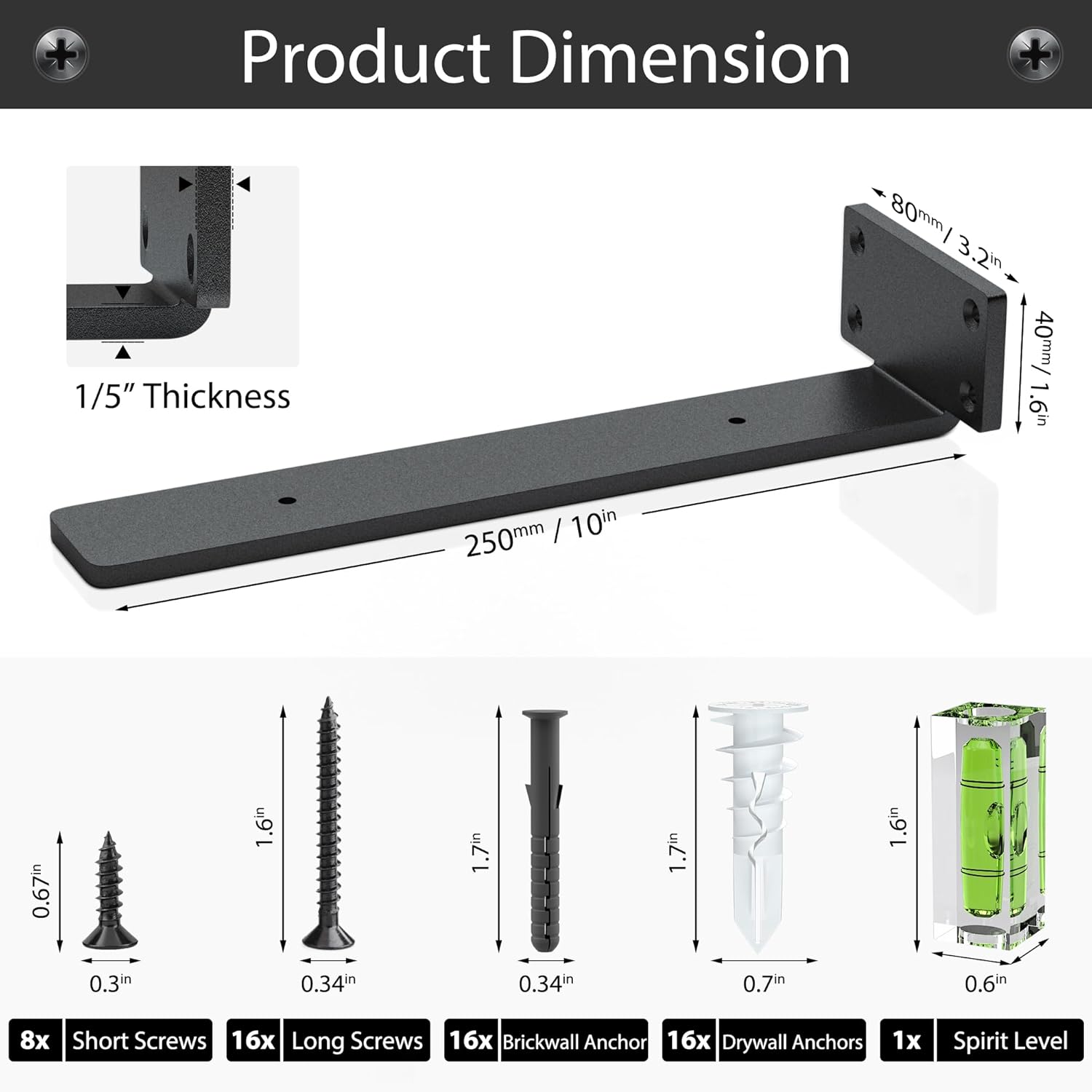 Heavy Duty Shelf Brackets 10 inch (1/5") Thick, 4 Pack Floating Hidden Shelf Brackets, Rustic Industrial Shelf Brackets with Modern Iron Finish