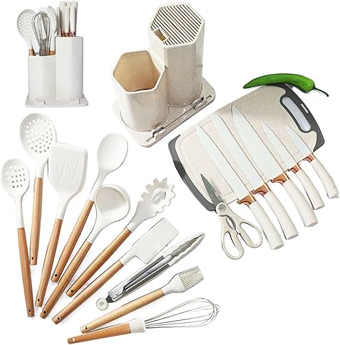 BRIIEC Juego de utensilios de cocina de silicona con mango de madera 18 en 1, juego de cuchillos con bloque, herramientas de cocina, accesorios de