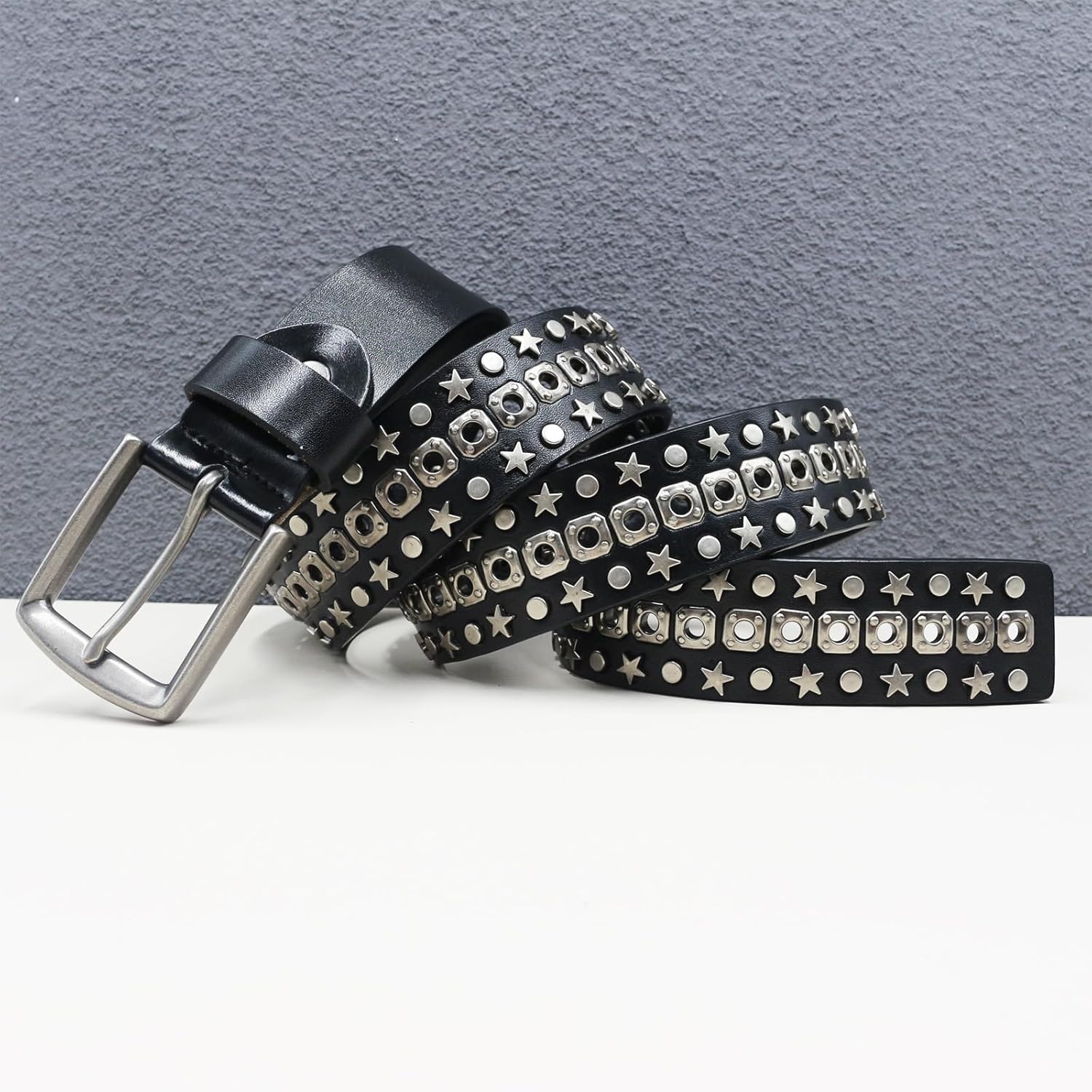 Studded Grommet Belt Metal Punk Rock Round Pentagram Hollow Rivet Leather Strap Gothic Accessories for Jean Pants