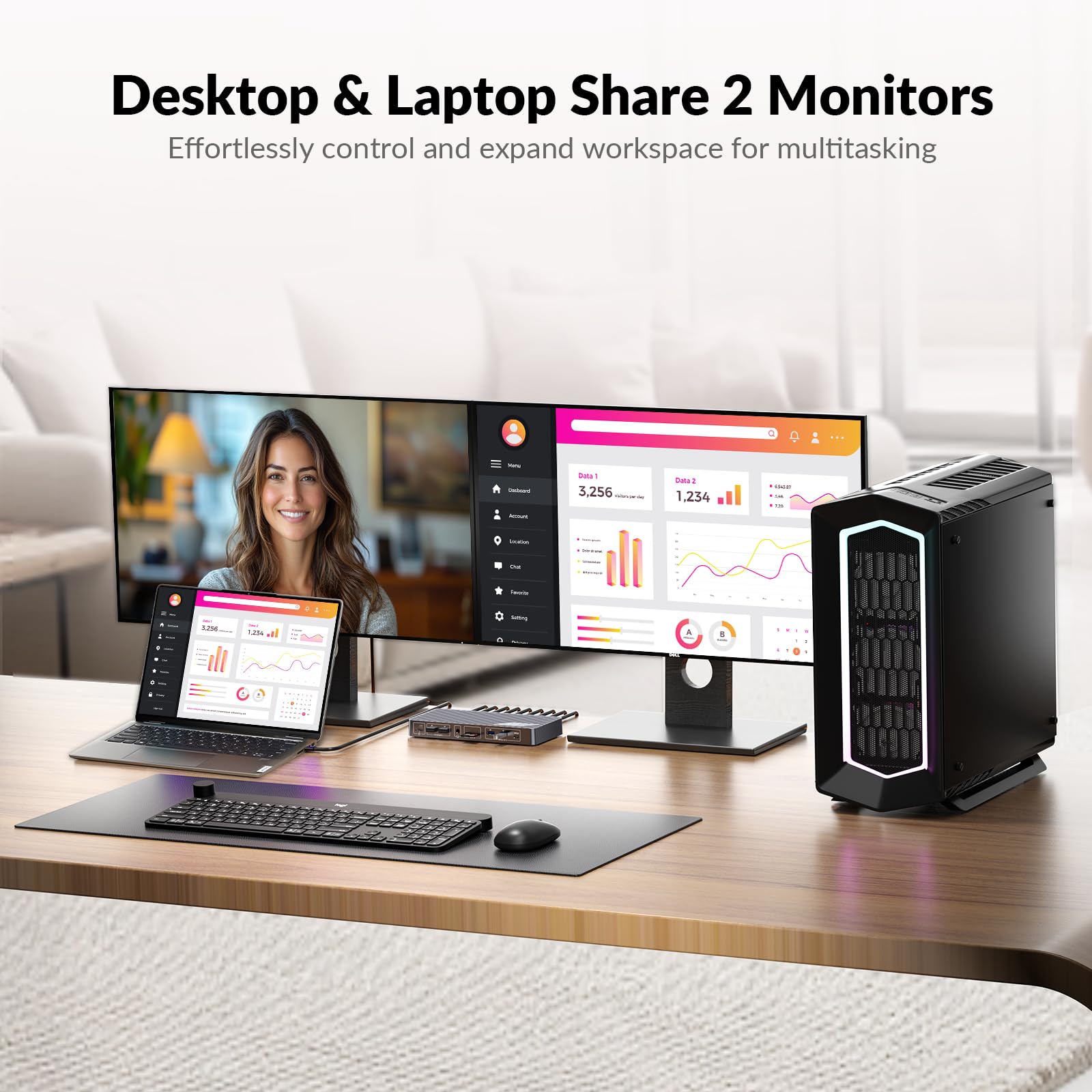 AV Access 8K KVM Switch 2 Monitors 2 Computers for Laptop & Gaming PC/Mac mini, 100W PD, Ethernet, stacja dokująca dla dwóch monitorów 8K@60Hz/4K@165Hz, 4-portowy hub USB 3.2 10 Gb/s USB-C, audio, SD