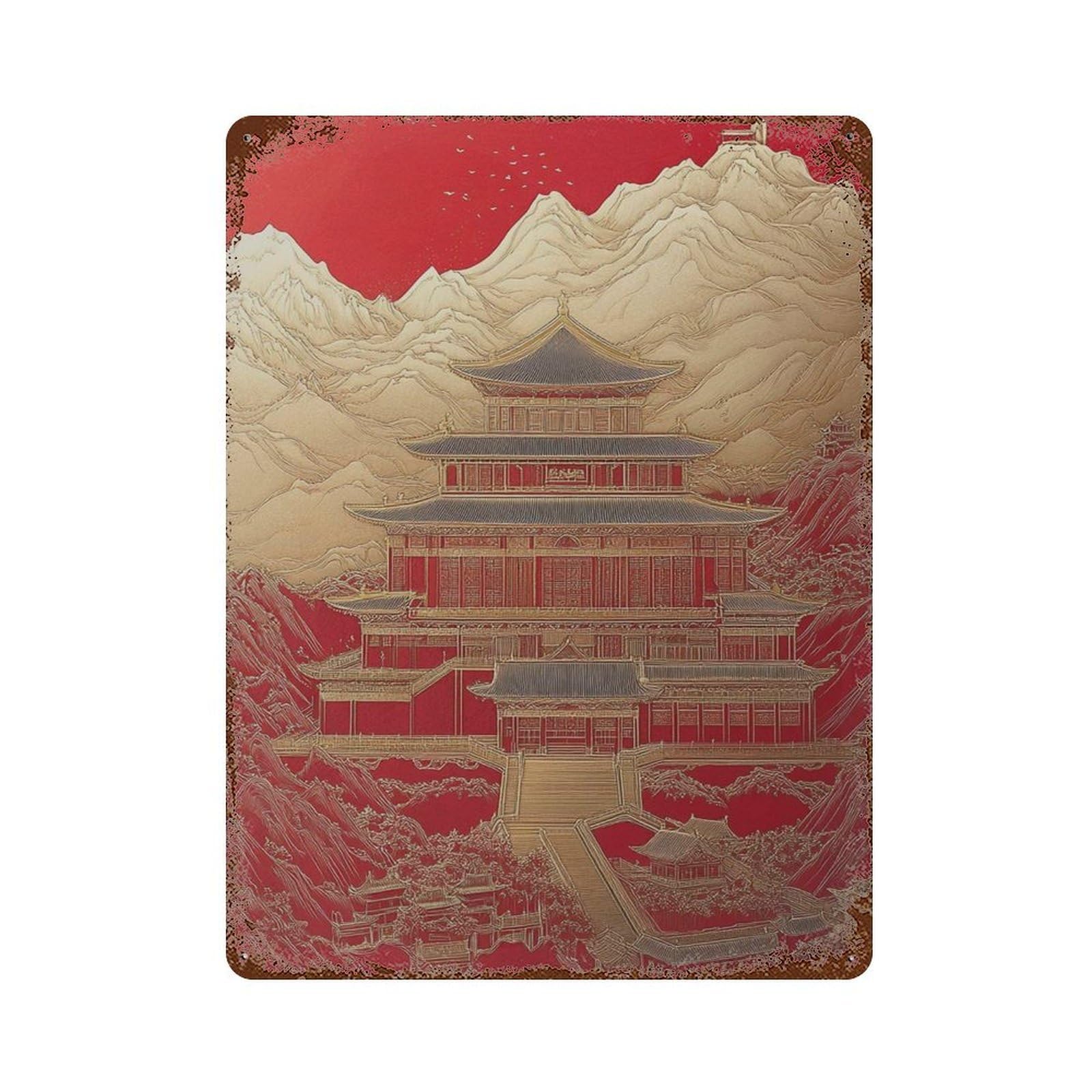 xiaoxiaoshen Red Gold Palace Asian Temple Mountain Japanese Ink Style Landscape Wall Decor Art Metal Tin Poster Modern Home Decor Art Home Bar Shop Decorations Vintage Sign 40x30cm