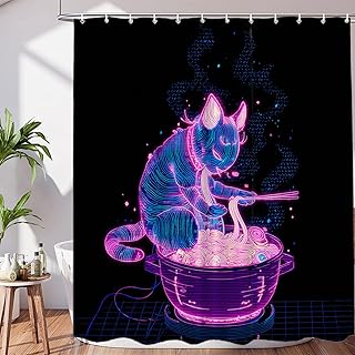 Cyberpunk Cat Ramen Decor Shower Curtain Set, Neon Cat Eats Ramen Polyester Shower Curtain for Shower Stall Bathroom Waterproof with 12 Hooks 72x72 Inch