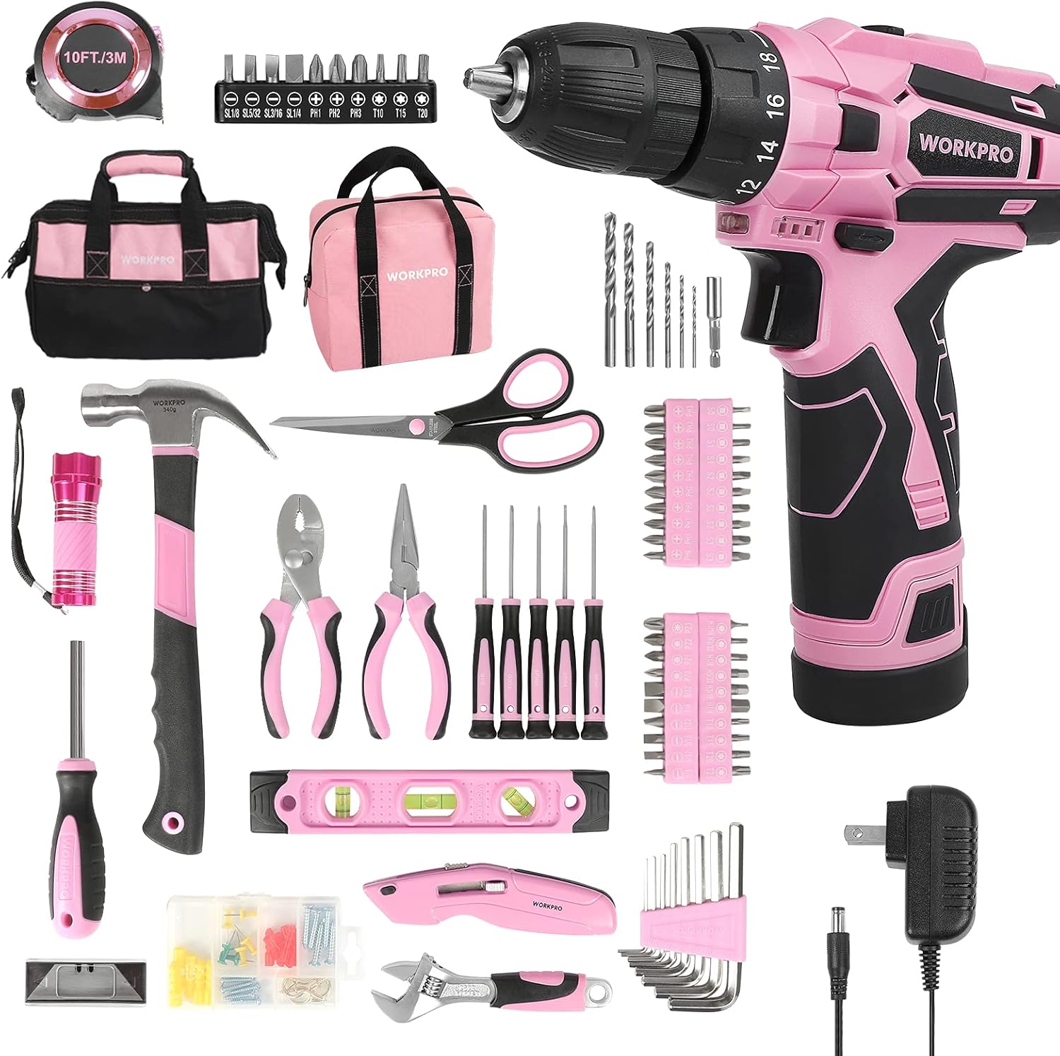 WORKPRO 12V Pink Cordless Drill Driver Set with Storage Bag & Home Repairing Pink Tool Set with