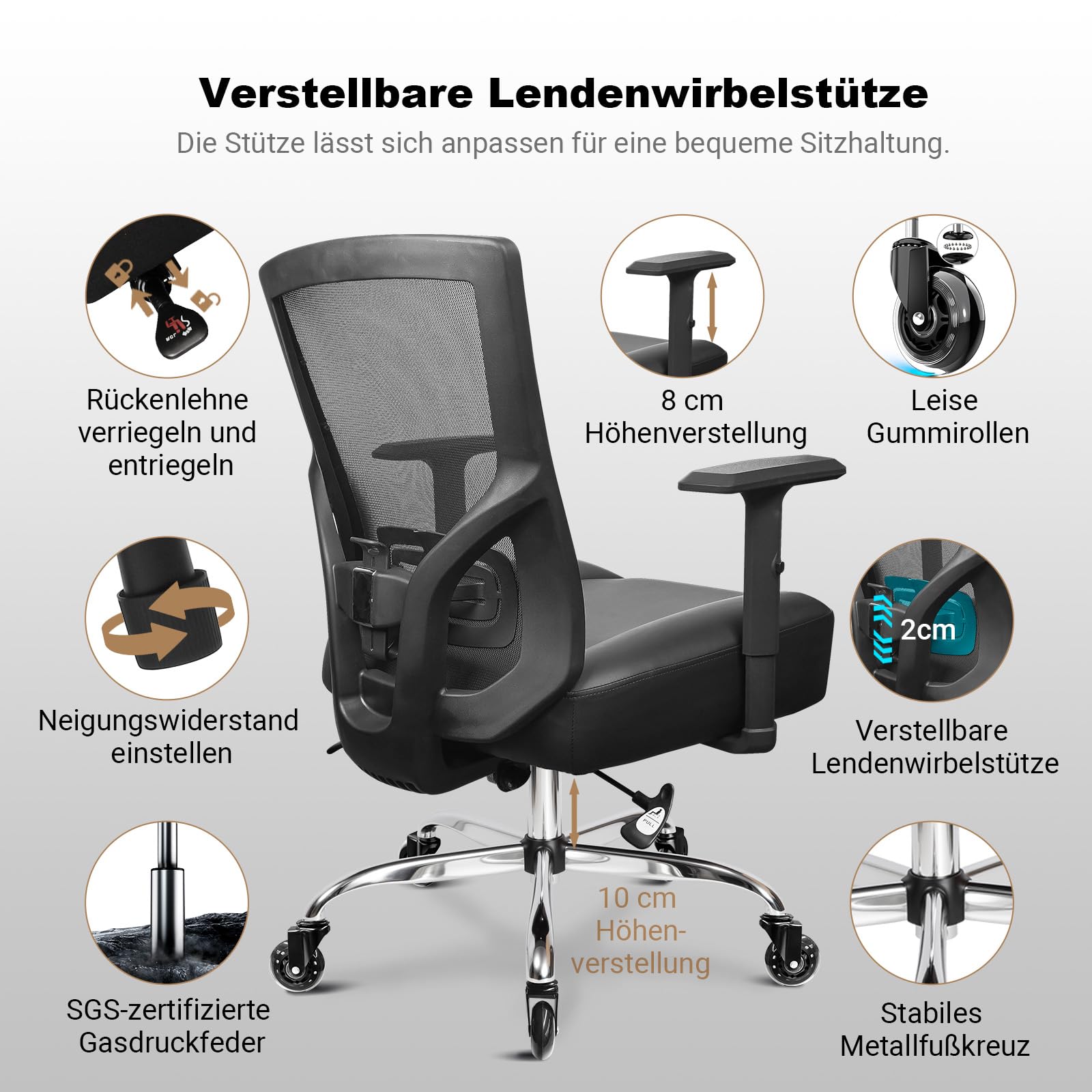 MELOKEA Bürostuhl 200KG XXL [Lendenkissen Inklusive], Schreibtischstuhl | Extrabreites & Extradickes Federkern-Sitzkissen, Gummirollen, Verstellbare Lordosenstütze, Stufenlose Neigungsverriegelung