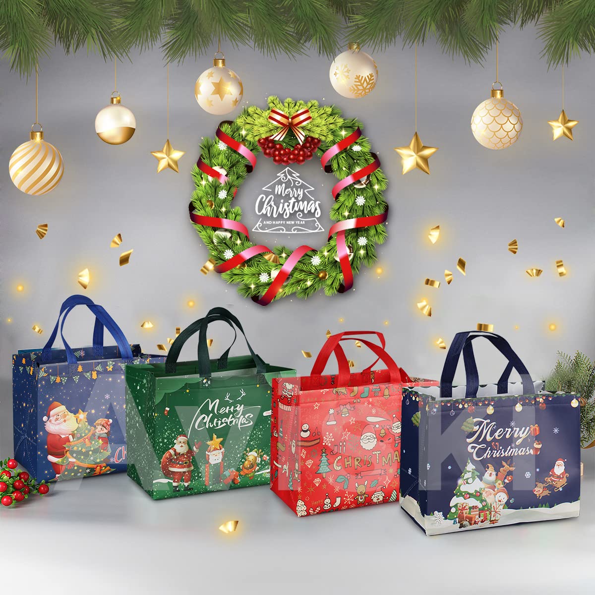 16 pezzi Sacchetti regalo di Natale con manici, sacchetti di carta