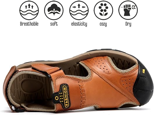 Sandals for Men Leather Hiking Sandals Athletic Walking Sports Fisherman Beach Shoes Closed Toe Water Sandals