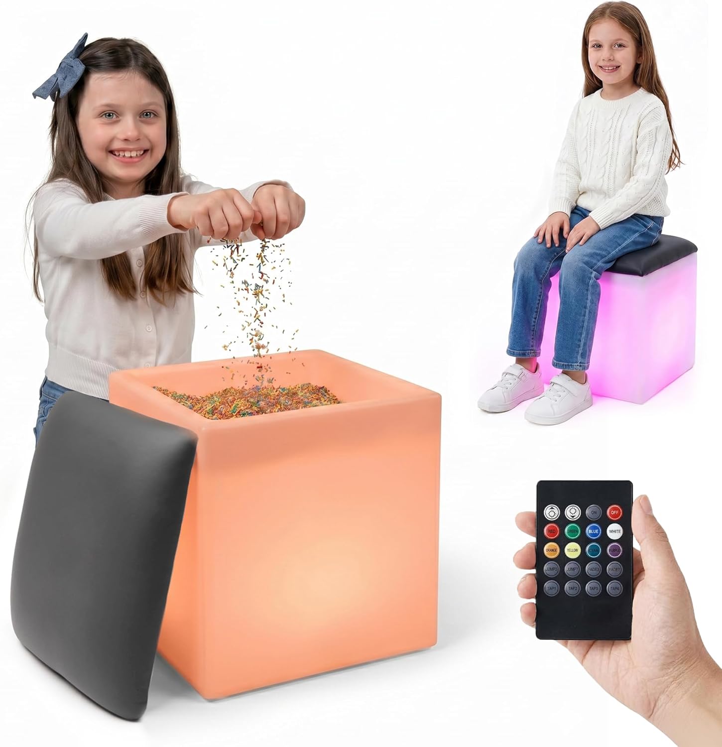 Special Supplies LED Cube Light‑Up Chair/Table Set – Color Changing Glow Cube Furniture, Mood Lighting, RGB LED Seat/Table for Sensory Play, Home and School (12")