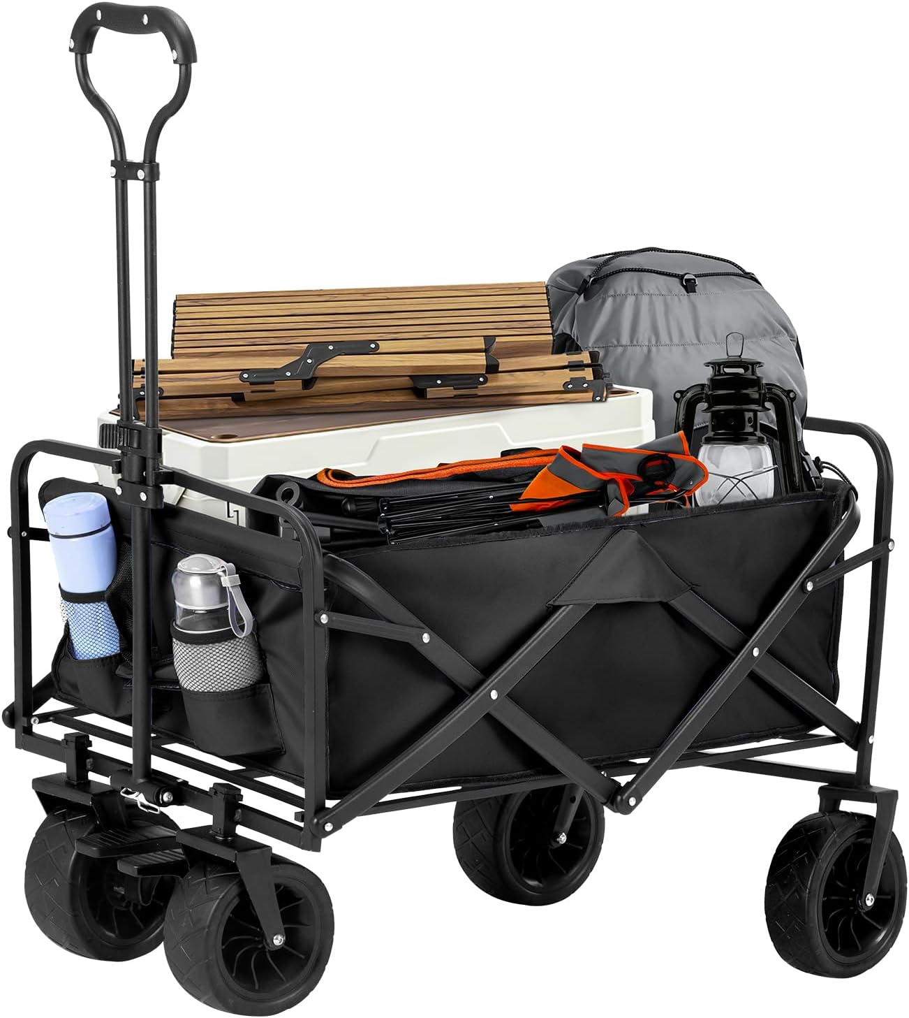 Collapsible Folding Wagon Cart, Heavy Duty Beach Wagon, Foldable Utility Wagon Cart with All-Terrain Wheels, 265 Lbs Large Capacity Garden Cart for Camping, Shopping, Sports (Black)