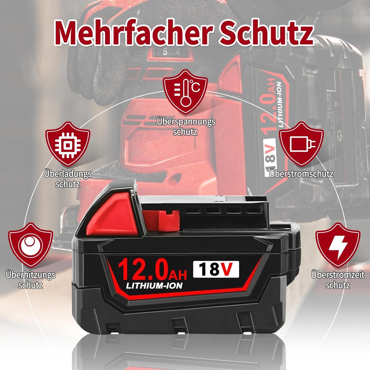 2 Stück 12.0Ah Li-Ion Ersatzakku für Milwaukee Akku 18V M18, Kompatibel mit M18B 48-11-1850 48-11-1840 48-11-1828 48-11-1820