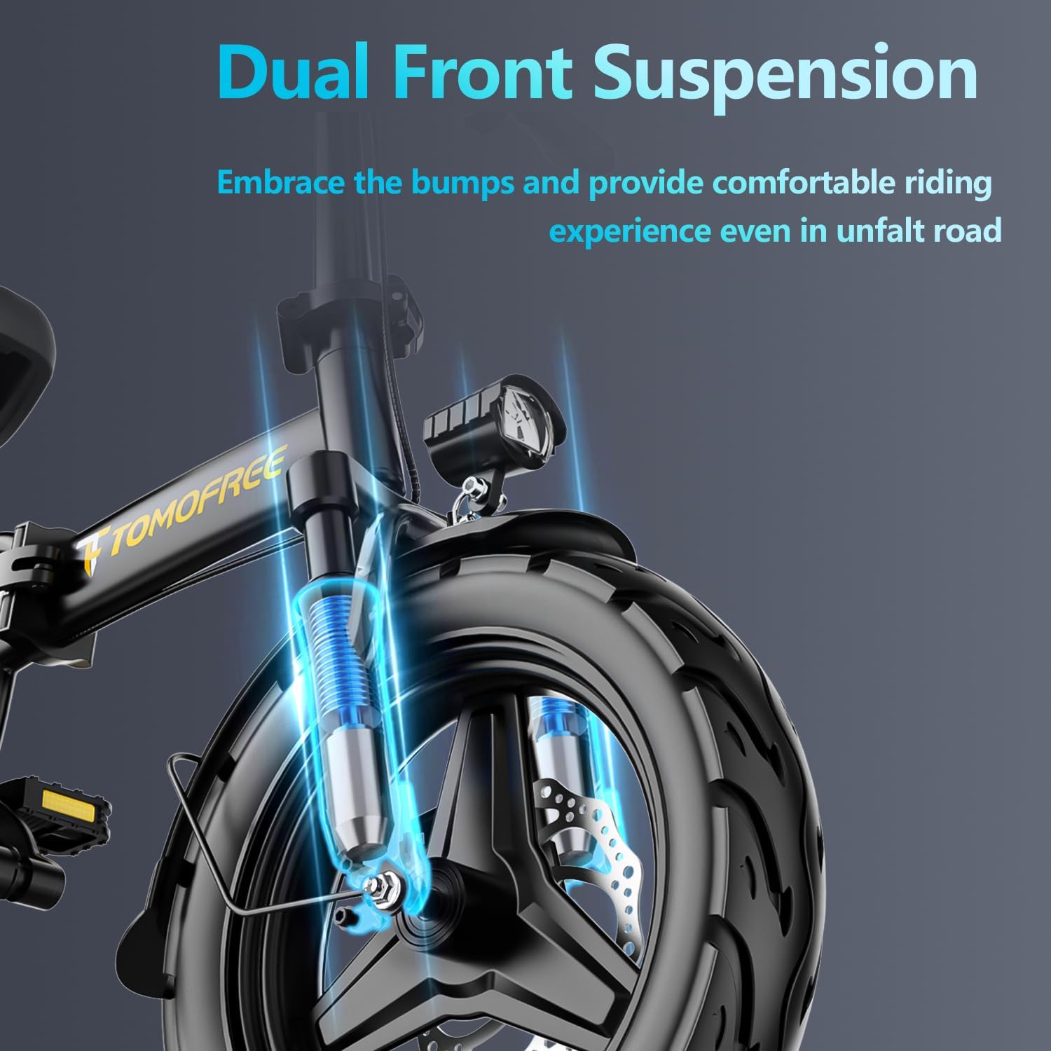 Close-up of the dual front suspension on the FHW S1 Pro Electric Bike