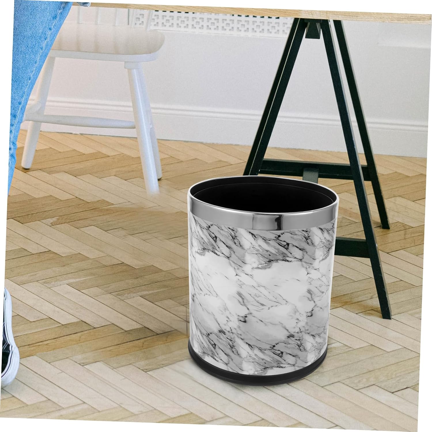 Marble Design Bathroom Garbage Container Slim Waste Bin for Bedroom Office Kitchen Stylish Trash Can for Home Organization Easy to Clean Reusable