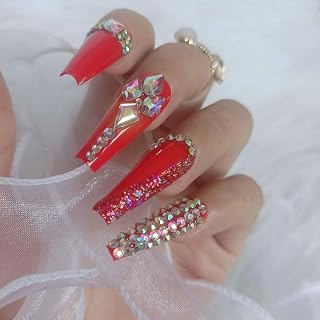 24pcs Luxury jewelry coffin fake nails red press on nails Full Cover Acrylic Nails for Women and Girls False Nails
